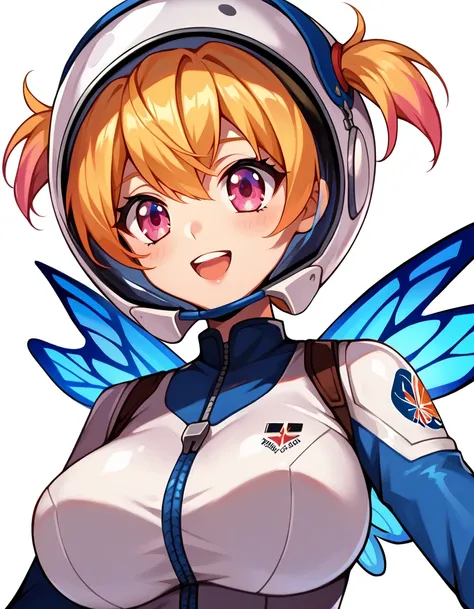 (masterpiece, best quality:1.2), 1girl, makaon, insect girl, butterfly, young female, large breasts, solo, multicolor hair, twintails, parted lips, straight hair, anime coloring, highly detailed, white background, simple background, facing viewer, tsurime,...