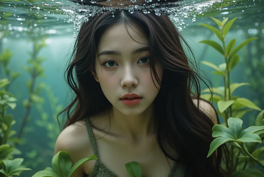 best quality,ultra-detailed,realistic,swimming, messy hair,flowing dress,sea of kelpweed,beautiful detailed eyes,beautiful detailed lips,underwater light,portrait,soft colors,long hair,ebony hair,curly hair,vivid greens,water reflections,graceful posture,n...