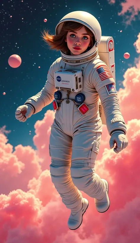 high definition impressionism manga storybook illustration on  textured paper, the neon astronaut girl  floating in  space, between stars and nebulas, retro pin-up postcard, peony blossoming spacesuit, starship, zero gravity, close up hyperbolized hand, dy...