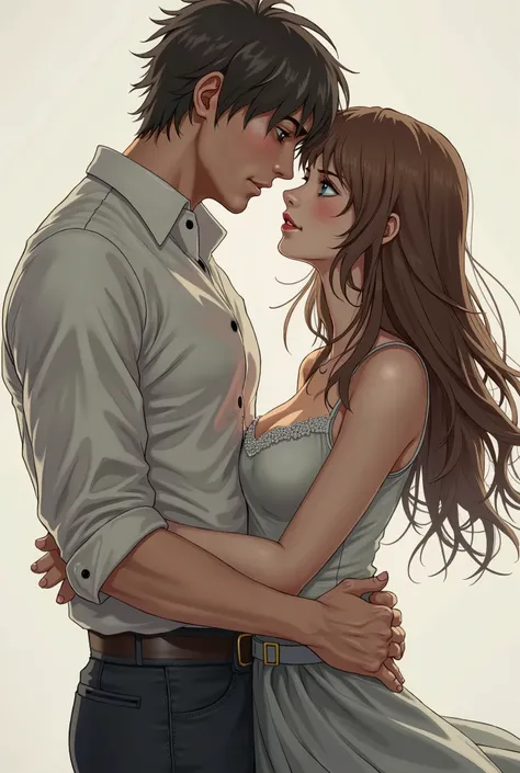 Levi ackerman in a white a bit transparent shirt with military pants touching the waist of a brown haired blue eyed girl in a cute outfit, he holds her tightly, he keeps her as close as possible and she put her head on his torso almost sleeping