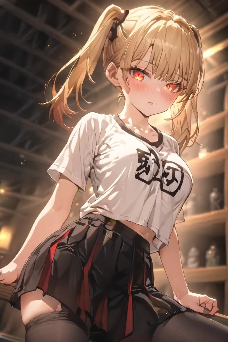 burnice white, yellow hair, pigtails, red eyes, glowing eyes, white Button down shirt, low neckline, black plateled skirt, black Tights Big breasts, at night , High resolution, tiny gym shorts, obra maestra, t-shirt, Model HD, Detail, quality, high quality...