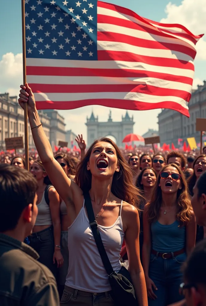 Un foule de persones qui crient devant le drapaux american