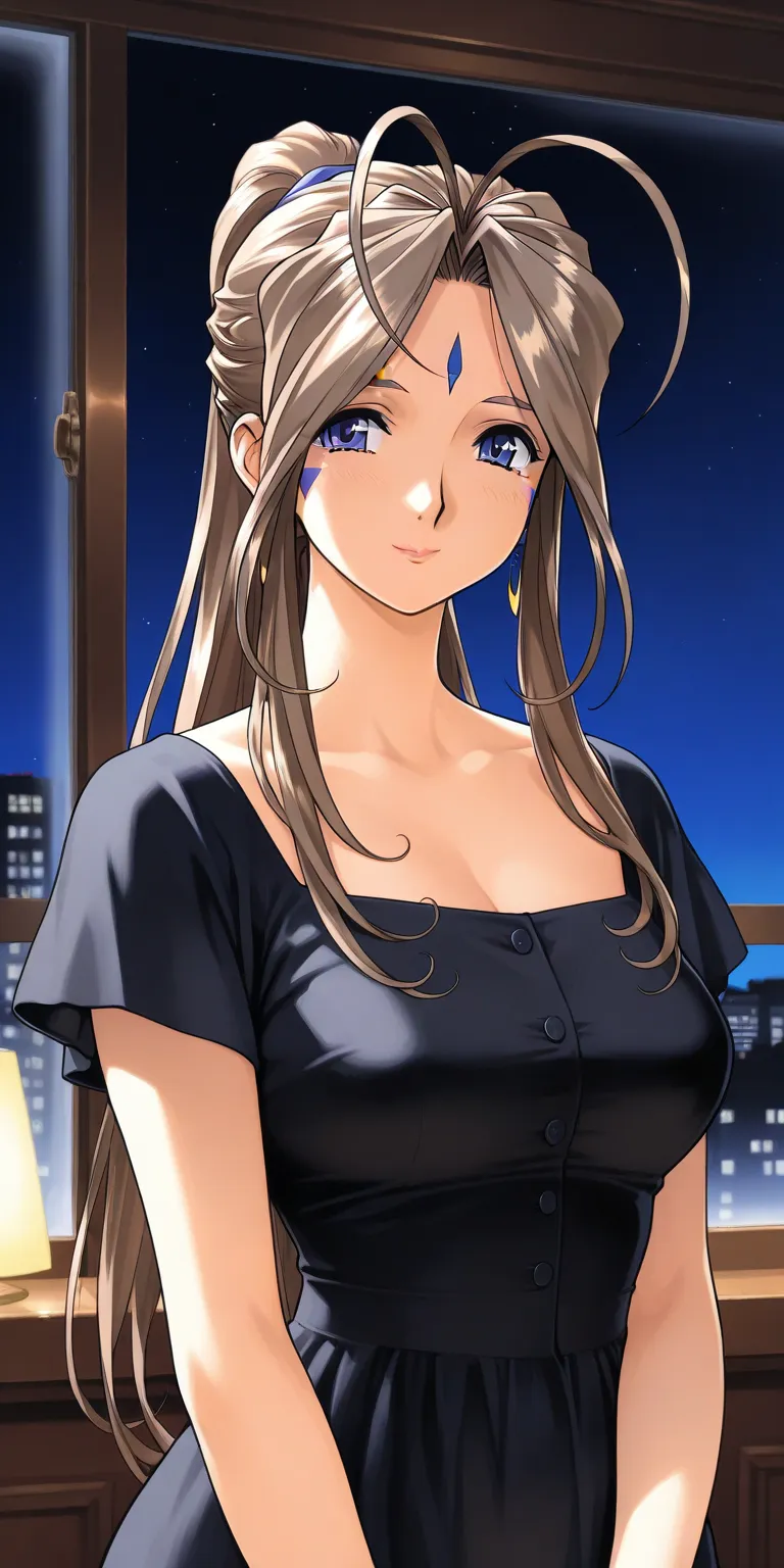 Belldandy,mature female, housewife, Brown hair,high ponytail,black evening dress, buttons in front,blue eyes,, medium breasts, upper body, milf, soft light, high detailed,indoors, window, night sky