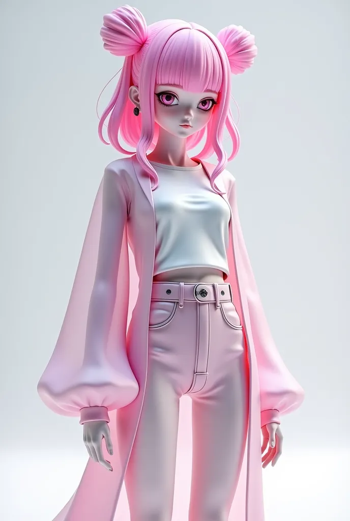 anime character made of glass with a pink hair and a white shirt, a low poly render inspired by Gigadō Ashiyuki, tumblr, vanitas, white scary skin, roblox avatar, clear outfit design, ethereal flowerpunk, chrome outfit, full body shot hyperdetailed, anime ...