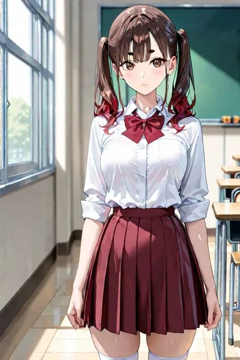 BEST QUALITY, ULTRA DETAILED, PERFECT ANATOMY, HIGH DEFINITION, INTRIGUING DETAILS, ALONE, 1 girl, slim, medium breasts, wine hair, long hair, twintails hair, short eyebrows, dark brown eyes, school uniform, white shirt, black buttons, pleated skirt, dark ...