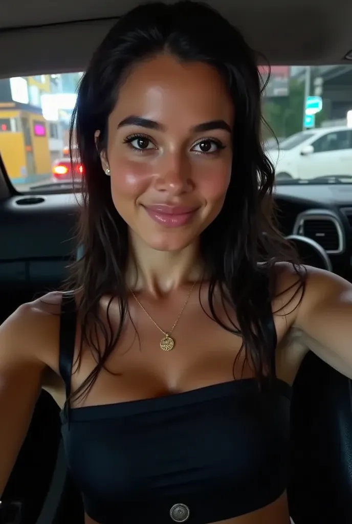 *"An attractive young girl takes a selfie inside a real car at night. Her black hair falls softly on her shoulders, has a subtle and fine gold necklace, Through the lights of the city that enters.  Her expression is relaxed and safe , with a captivating lo...