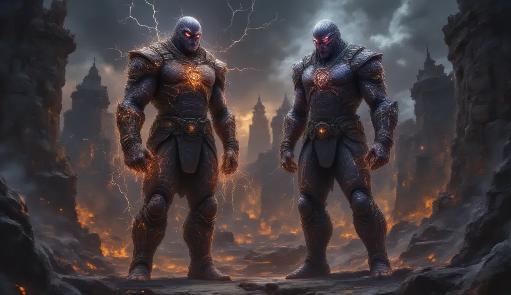 Thanos and Darkseid face to face, looking powerful, and coming together to end the world