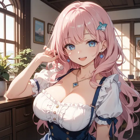 Light pink hair、long hair、 eye larger、Keep the outer corner of your eye high 、lashes slightly longer、Small nose、Open your mouth slightly、smile、18 years old、Lean forward、the top of the chest is exposed、Bigger breasts、gorgeous sexy dress、Short sleeve、miniski...