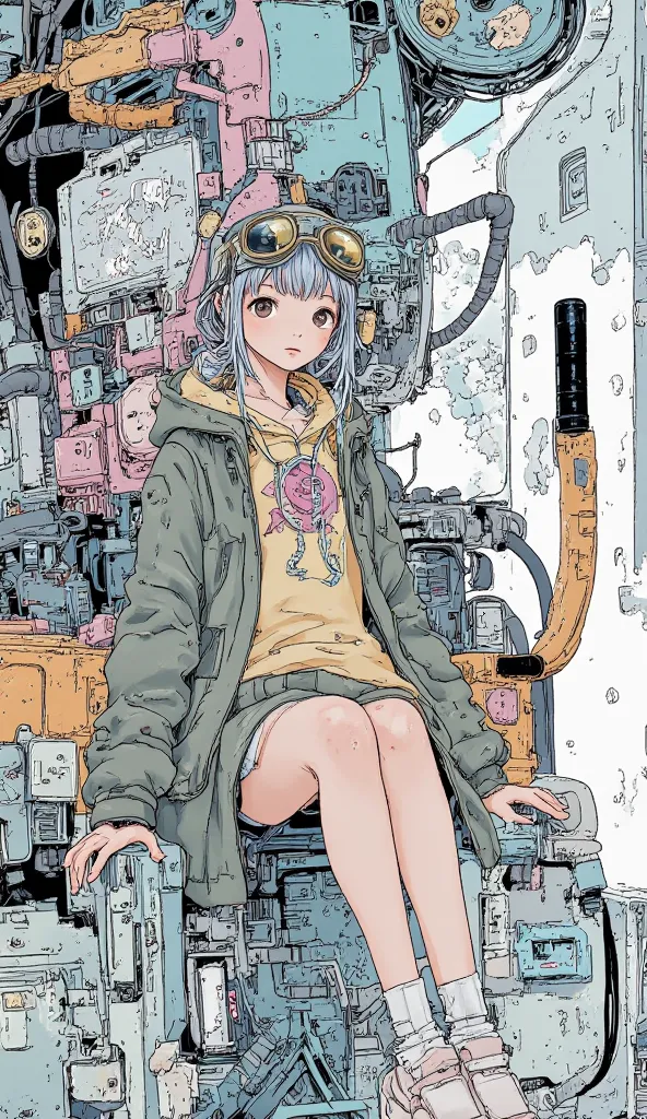 mecha art、ultra detailed、pastel art、girl、on3pi3c3styl3、ground、pastel collar、Easy-to-read illustrations、detailed hands、 Details、Perfect piece、high quality、32K、Alone、alone、(full body:1.8)、detailed illustration、Fine Lines、The girl on the machine、genius、(gray)...