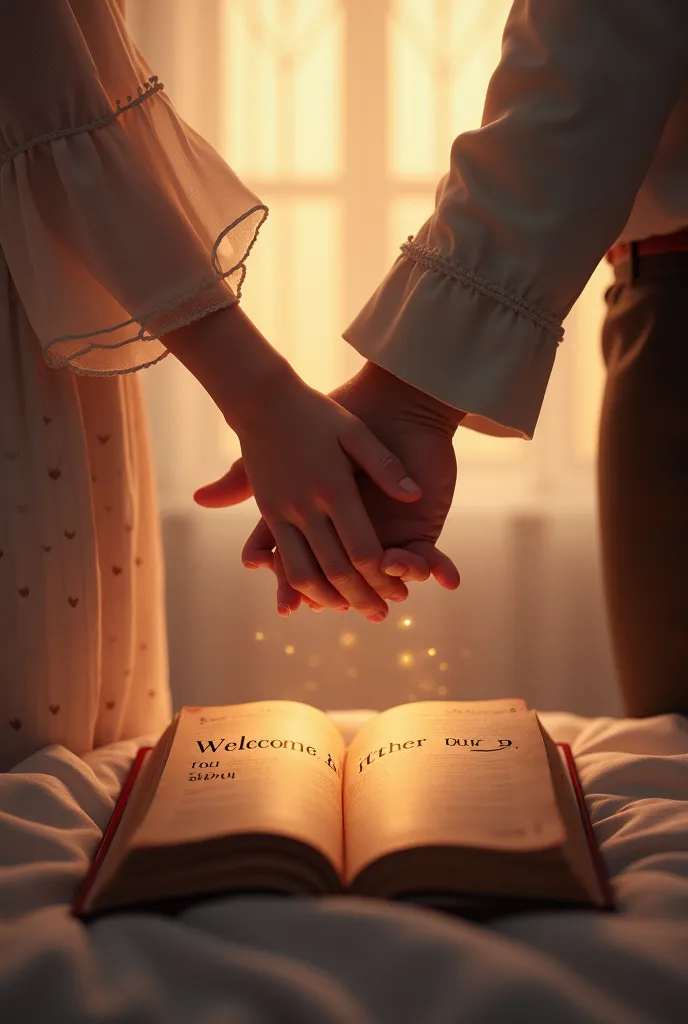 A romantic book that says" Welcome to our story" and the hands of a couple clutching