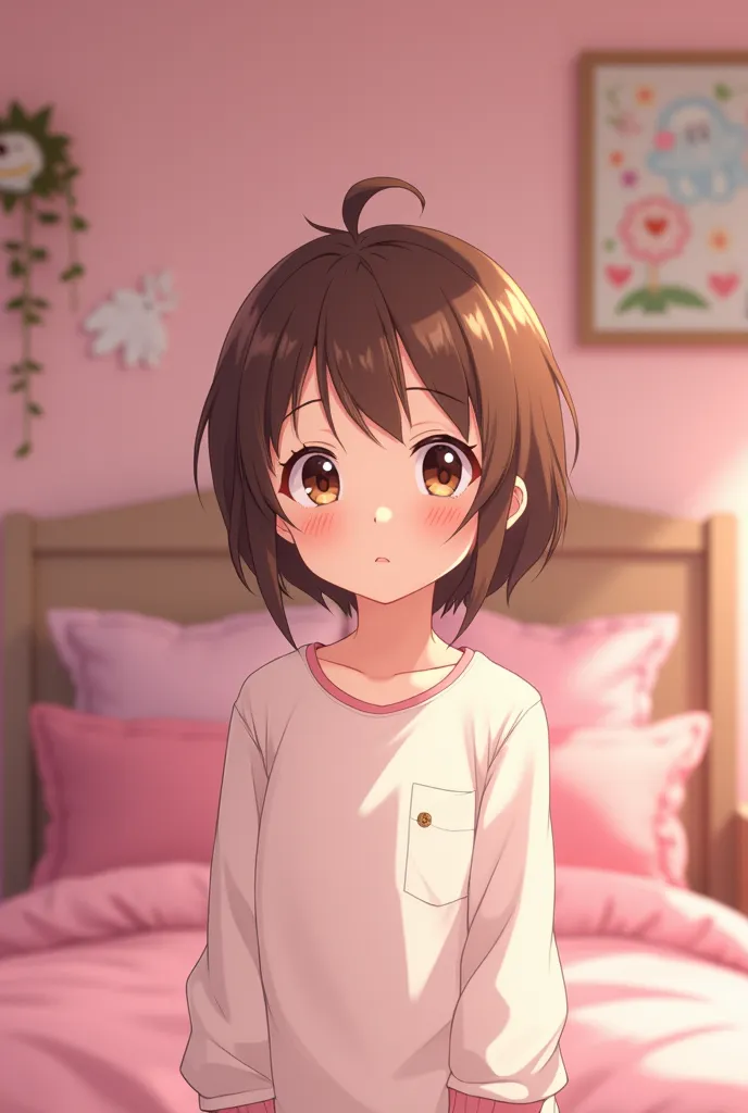 Cute thirteen year old brown haired anime girl standing blushing in front of her pink bed (anime version)