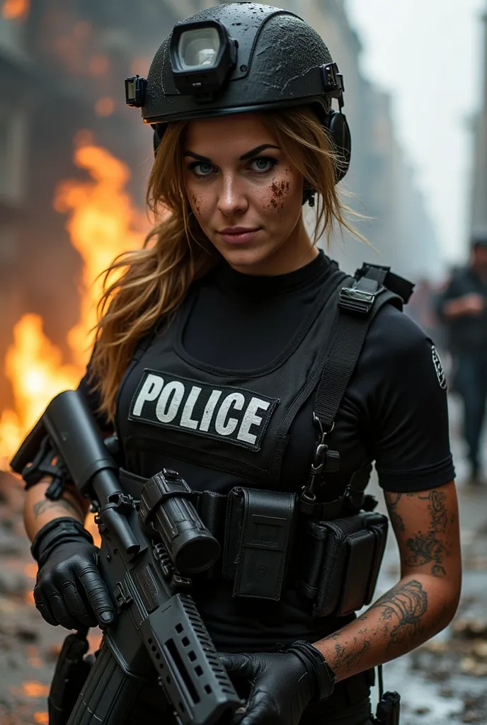 “A fierce female SWAT officer in skin-tight black tactical gear: a compression shirt with armored panels molding to her toned abs and chest, and reinforced leggings with knee pads. A ballistic vest emphasizes her curves, branded with ‘POLICE’ in white bold...