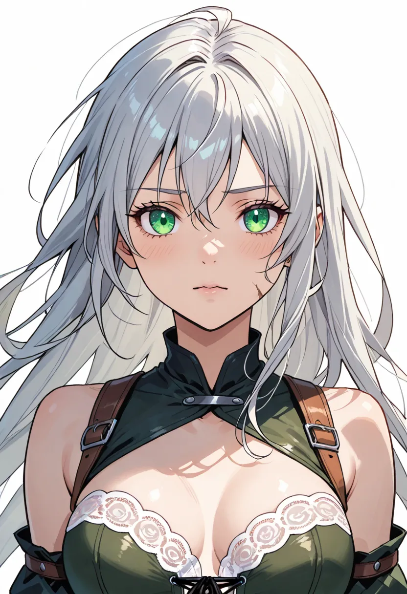 white background, Silver hair,  green eyes, Lace-up corset top, Warrior Princess, Abandoned Carnival Worker, Mica demon