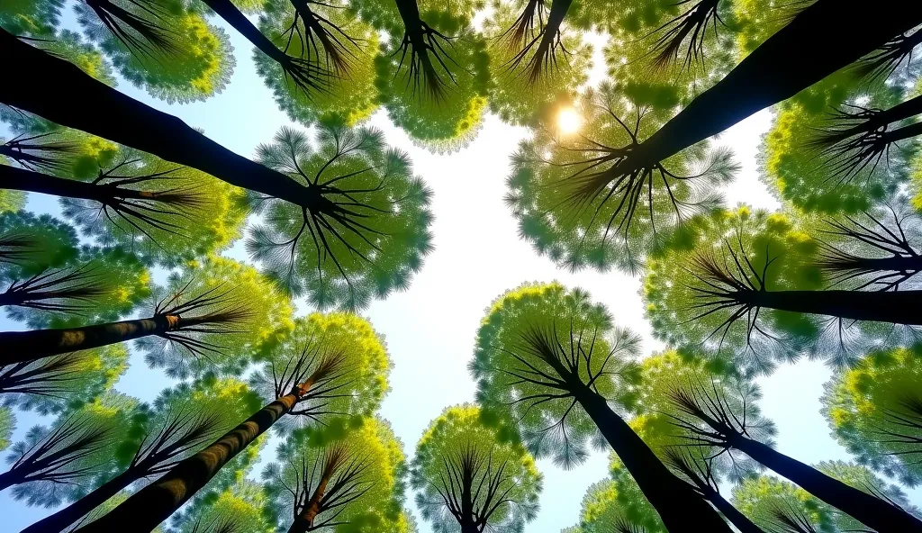 “Wide shot of tall tree canopies seen from below, leaves forming a dancing pattern against the sky, sunlight peeking through the branches, a sense of quiet majesty, no people, realistic photo style —ar 16:9”