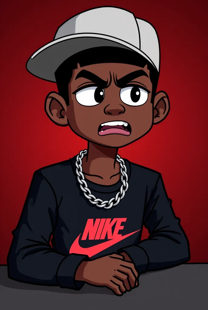 A cartoon-style portrait of a young, dark-skinned male. The subject is depicted in a stylized, almost chibi, cartoon aesthetic. He has a serious, slightly angry facial expression, with exaggerated features such as wide eyes and an open mouth. He is wearing...