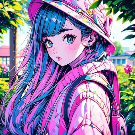 Masterpiece, Best Quality, Hatsune Miku, a girl wearing pink and blue clothes and carrying a pink backpack, high quality, ultra high definition, best quality, highly detailed, beautiful, masterpiece