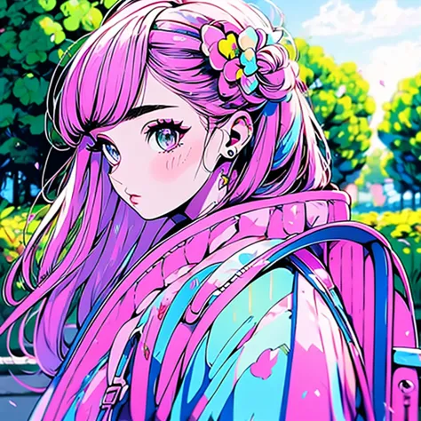 Masterpiece, Best Quality, Hatsune Miku, a girl wearing pink and blue clothes and carrying a pink backpack, high quality, ultra high definition, best quality, highly detailed, beautiful, masterpiece