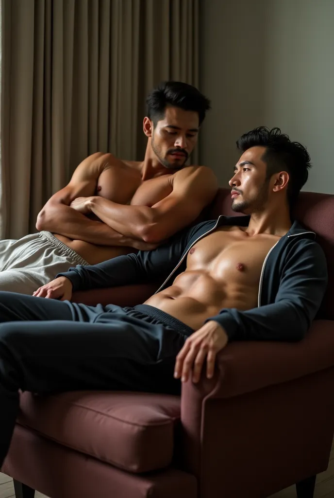 Relaxed superior Chinese man with handsome Chinese facial features, dark hair, and seductive facial expressions sitting in an arm chair wearing a tracksuit chest exposed and highlighting an impressive crotch bulge, on the floor next to the Chinese man is a...