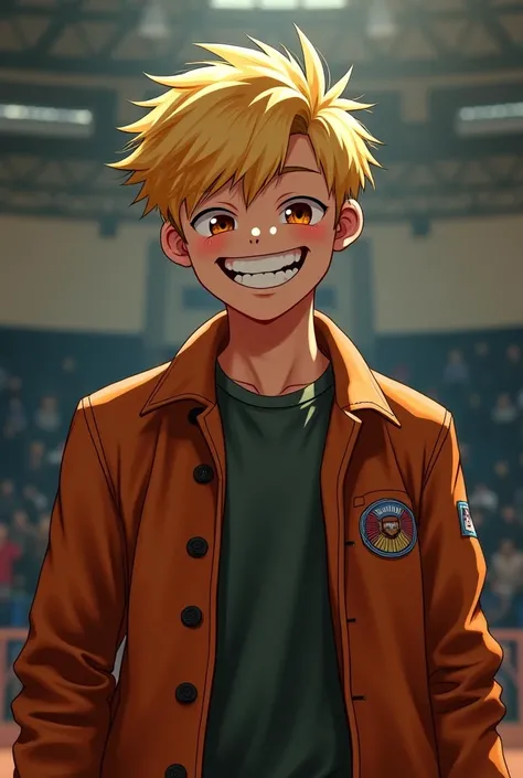 The guy is blond with a smile to see his gums, stands in the wrestling hall, you can also see a creepy autumn jacket from behind and a recess above the guy's head with the inscription “Nikita Sysoev”