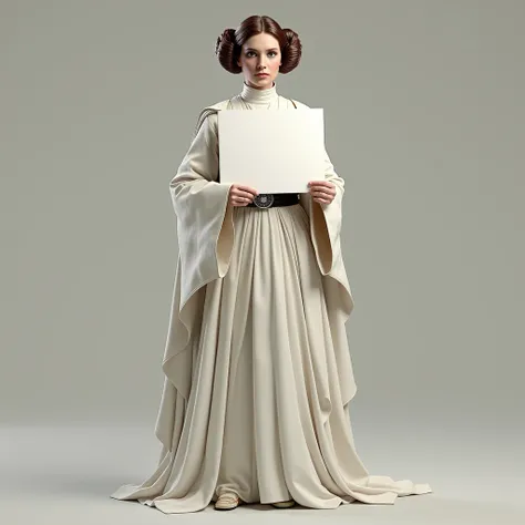 Princess Leia Organa from Star Wars , front and full length with a square and white sign in one of his hands, the character is from Star Wars