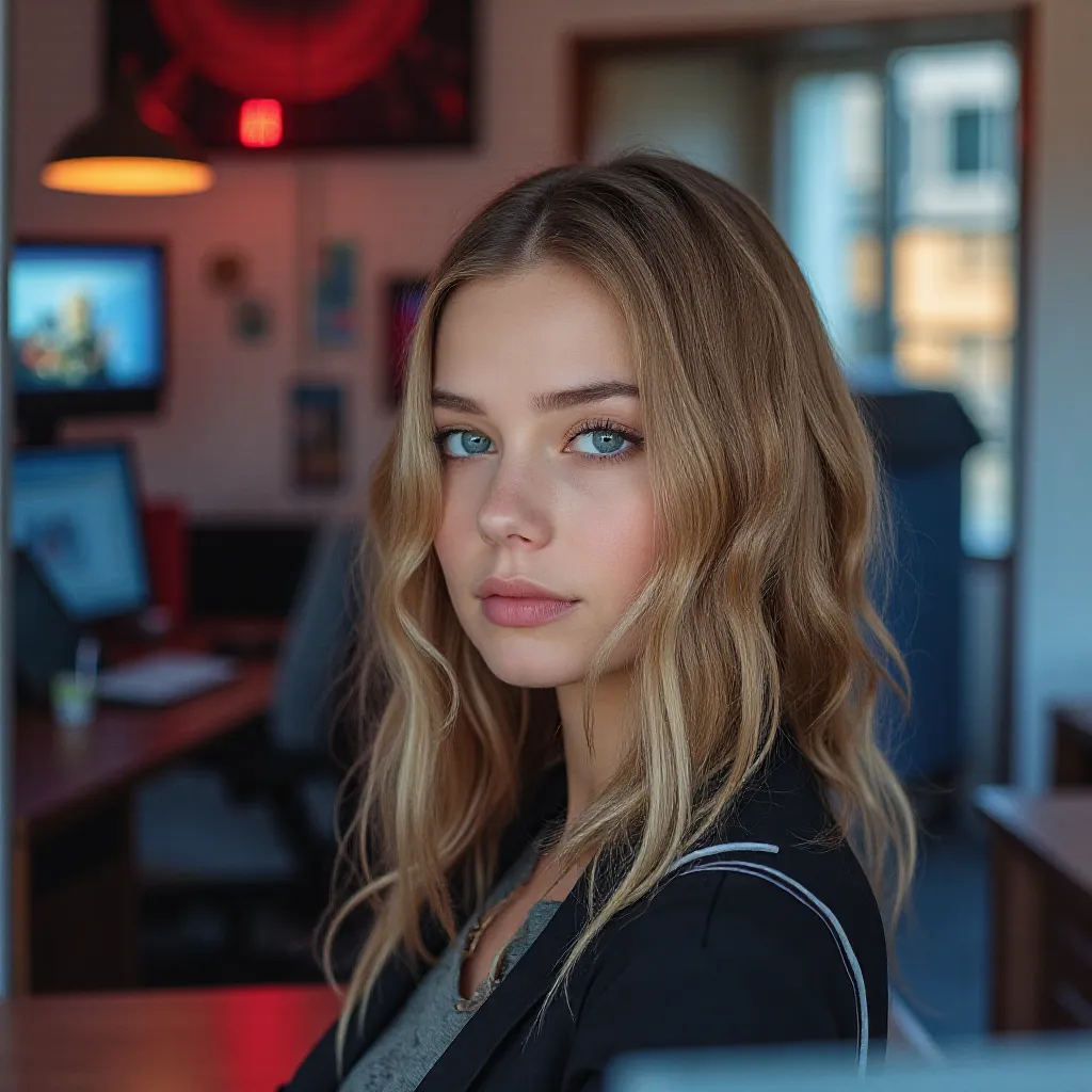 a beautiful girl with long blonde hair, detailed eyes, nose, and lips, wearing  professional outfit, siting in her office, using her computer, hp comuter (best quality,4k,8k,highres,masterpiece:1.2),ultra-detailed,(realistic,photorealistic,photo-realistic:...