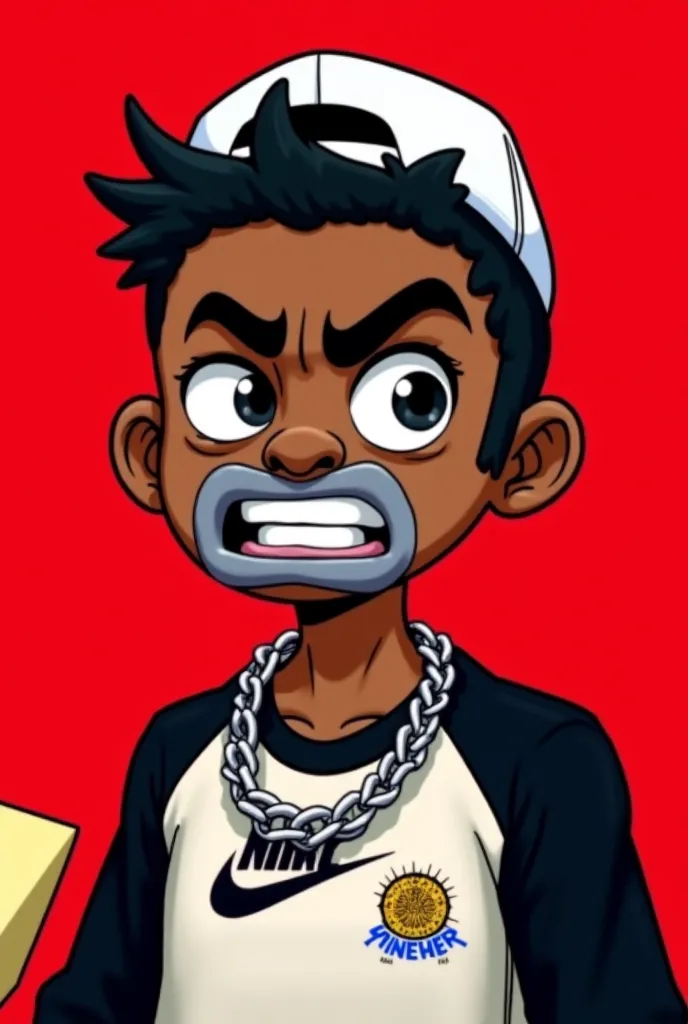 A cartoon-style portrait of a young, dark-skinned male. The subject is depicted in a stylized, almost chibi, cartoon aesthetic. He has a serious, slightly angry facial expression, with exaggerated features such as wide eyes and an open mouth. He is wearing...