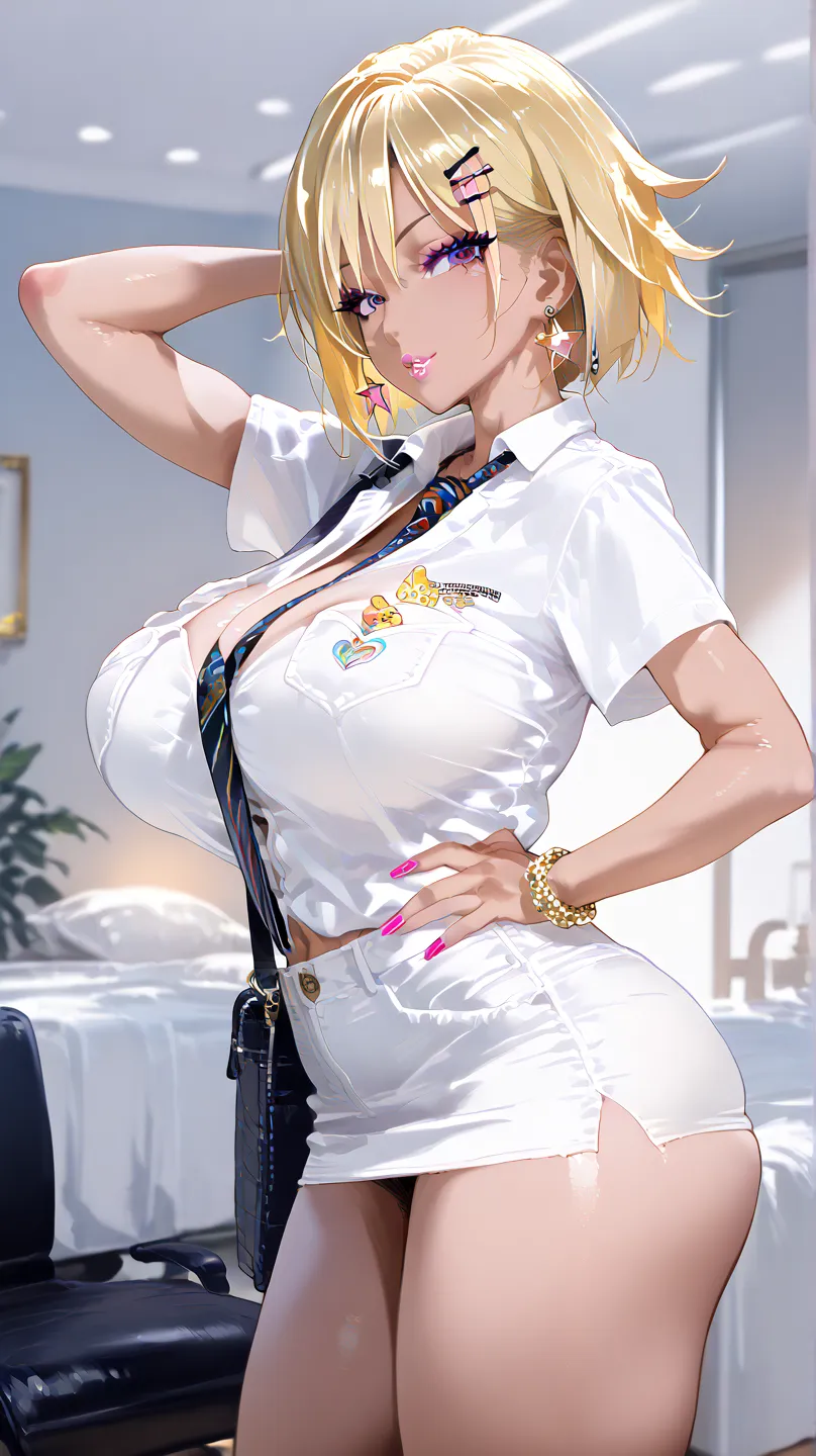 chica gyaru,  big breasts , blonde, gyaru makeup, sexy revealing clothing,  short hair、masterpiece