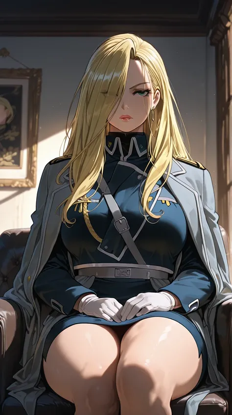 Masterpiece, elegant mature woman, milf,   tall body, curvaceous, olivier mira armstrong, lips,  upper body, sit on sofa, dynamic lighting, ultra detailed, highres, home, fullmetal alchemist anime style, military uniform, dinamyc position,