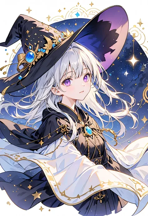 Female + white hair + purple eyes (There is one blue ring in both eyes) + black witch hat (with decoration) + black robe + white cloak (lined with gold) + solo + constellation background