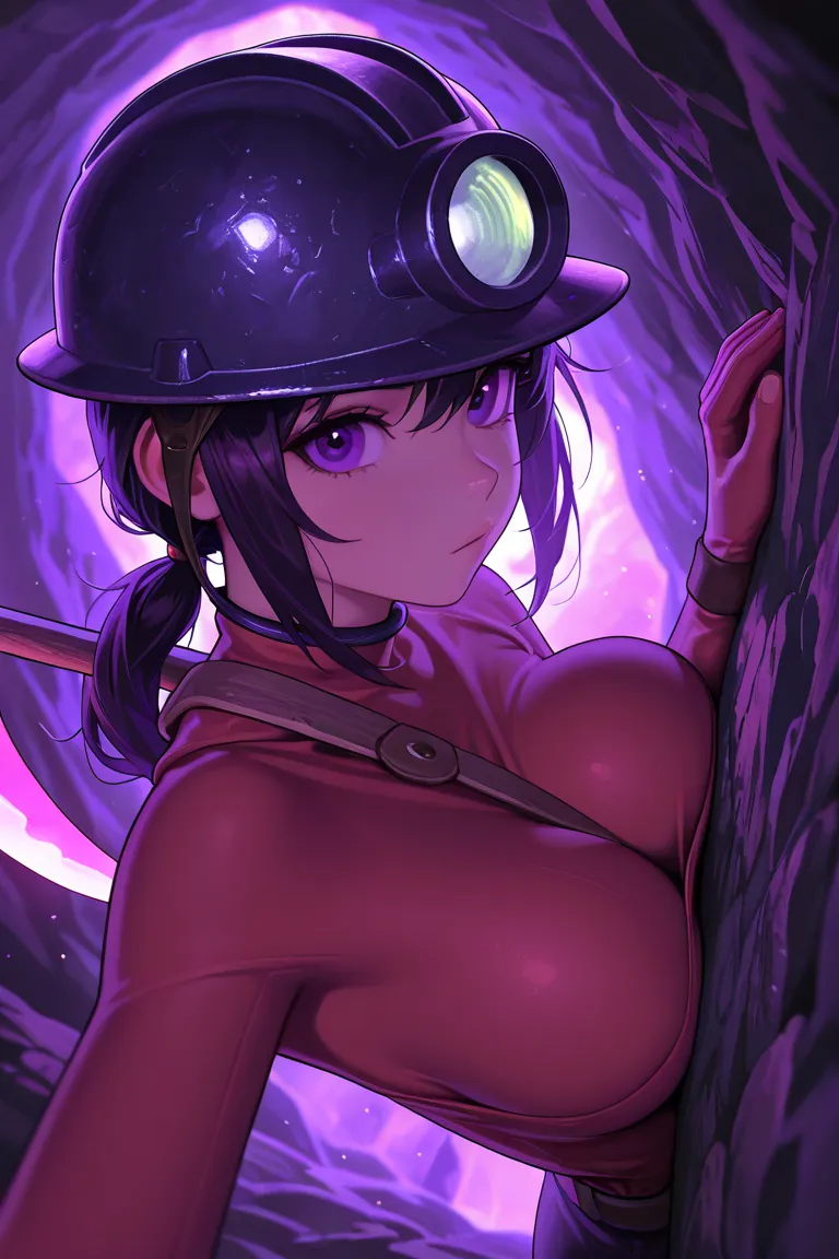 masterpiece, boobs, incredible quality, very aesthetic, High resolution, newest, hyper-detailed,  realism, sideways, medium plan, 1 , low ponytail hair, miner's uniform, miner's helmet, inside a cave, pickaxe on the shoulder, looking at the viewer, fan art...