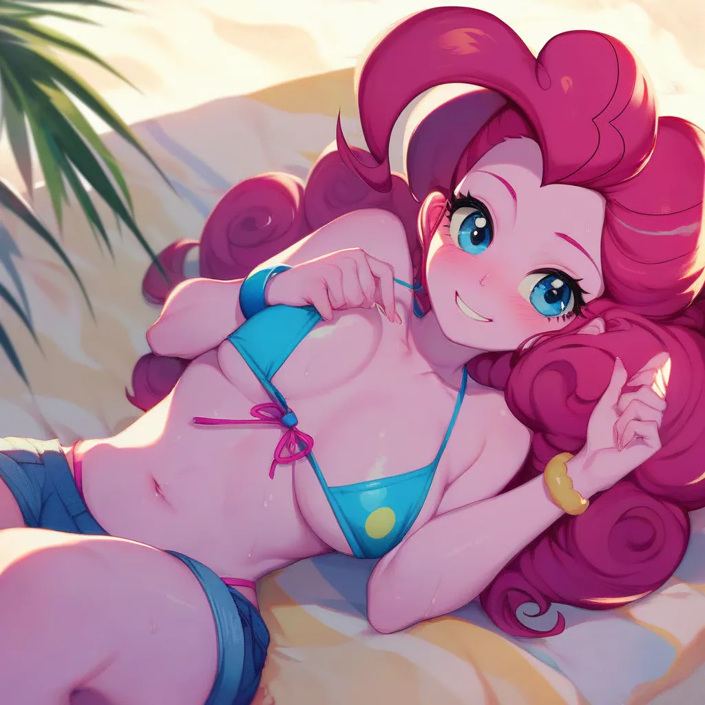 My Little Pony animated character , Pinki Pie  , Equestria Girls, Young girl with long curly bright pink hair, Big sky blue eyes and rosy blush erotic expression. She wears a purple micro bikini. Her pose is sexy and erotic , while lying in a bed on the be...