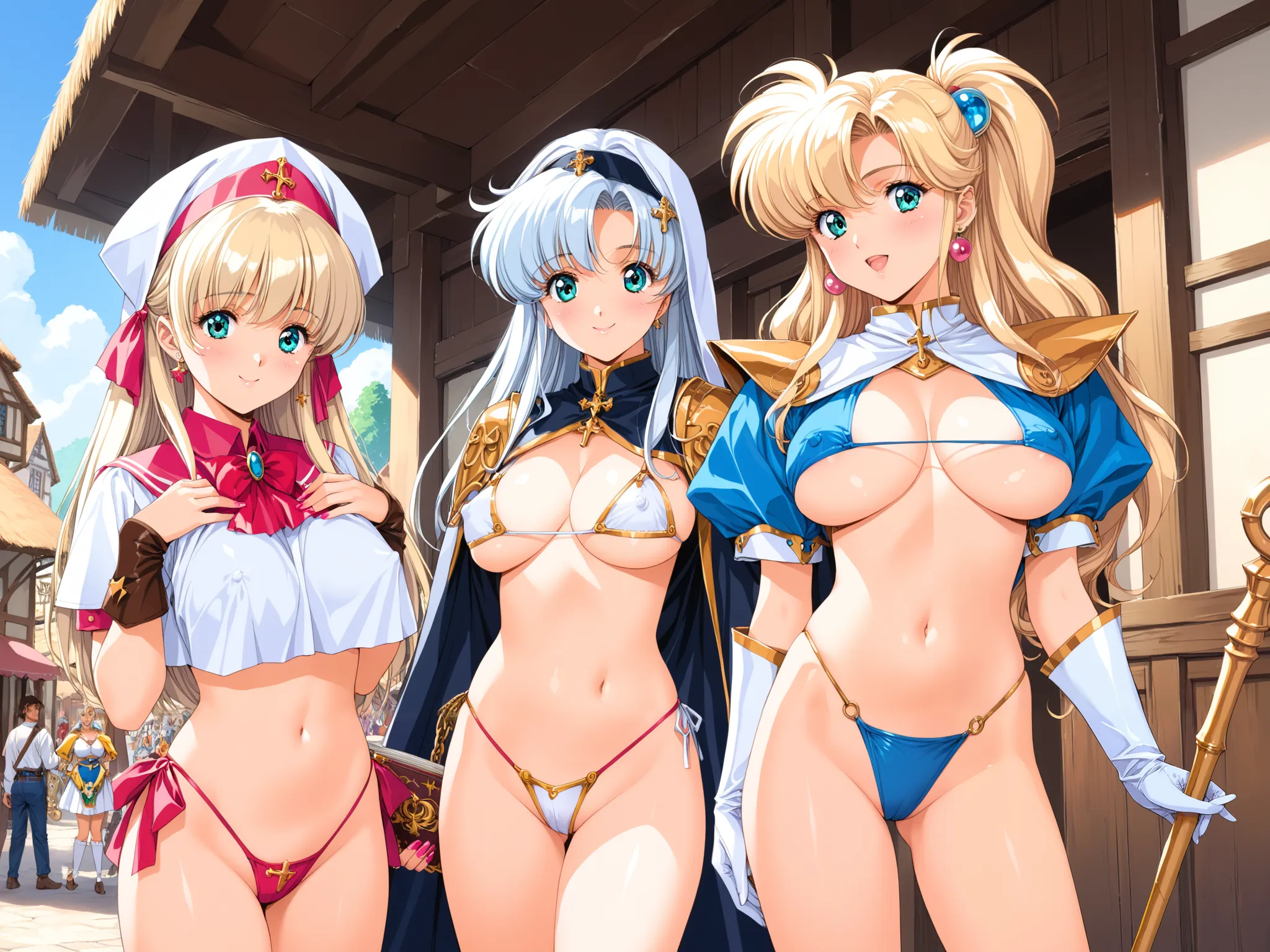 score_9, score_8_up, score_8, source_anime, 80s anime style, retro artstyle, style by Urushihara Satoshi, semi_realistic, a photo of a group of adventurers of 3 girls, there is the witch, the warrior and the priestess. gyaru, ecchi, magical girl, idols, tu...