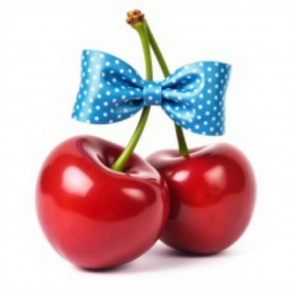 "A pair of glossy red cherries with green tied together at the top, adorned with a blue Polka dots bow. The cherries are vibrant, realistic, and have a slight shine reflecting light. The bow is neatly tied, with smooth curves and soft shading, giving it a ...