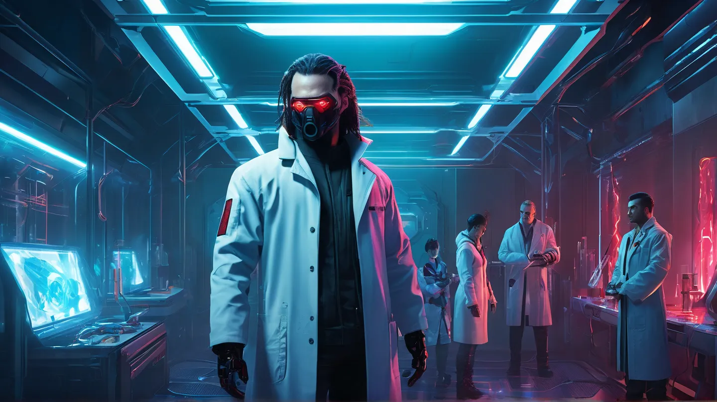 A quarantine cell in New Eden, Jaxon bound behind blast glass, his nano-infected arm morphing into a jagged blade, red eye glaring. Kael stands tense with Gauntlet raised, Mira scans with Spectra Drone, scientists in sleek lab coats observe, cyberpunk sci-...