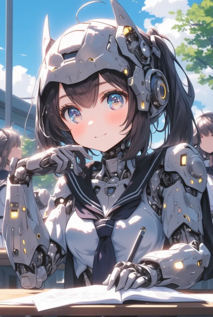 happy atmosphere, close up face, chibi, deformed, school uniform, In a futuristic school, a mecha girl spends her daily life. Her body is designed with the latest technology, featuring a sleek mechanical design with gleaming silver armor. In the morning, s...