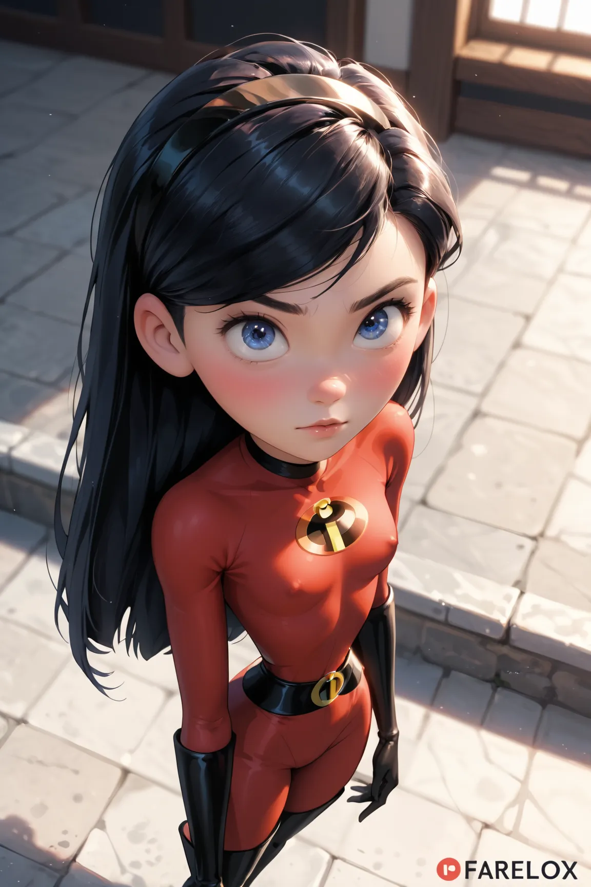 Violet Parr, big blue eyes, perfect eyes, well detailed eyes, ager medium height, fair youthful skin, extremely slim figure, tight red one-piece jumpsuit, , The Incredibles logo - a gold and black circle with an "i" in the center, black belt, elbow-length ...