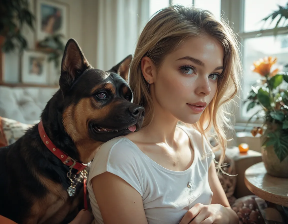 sexy young girl playing with her dog 