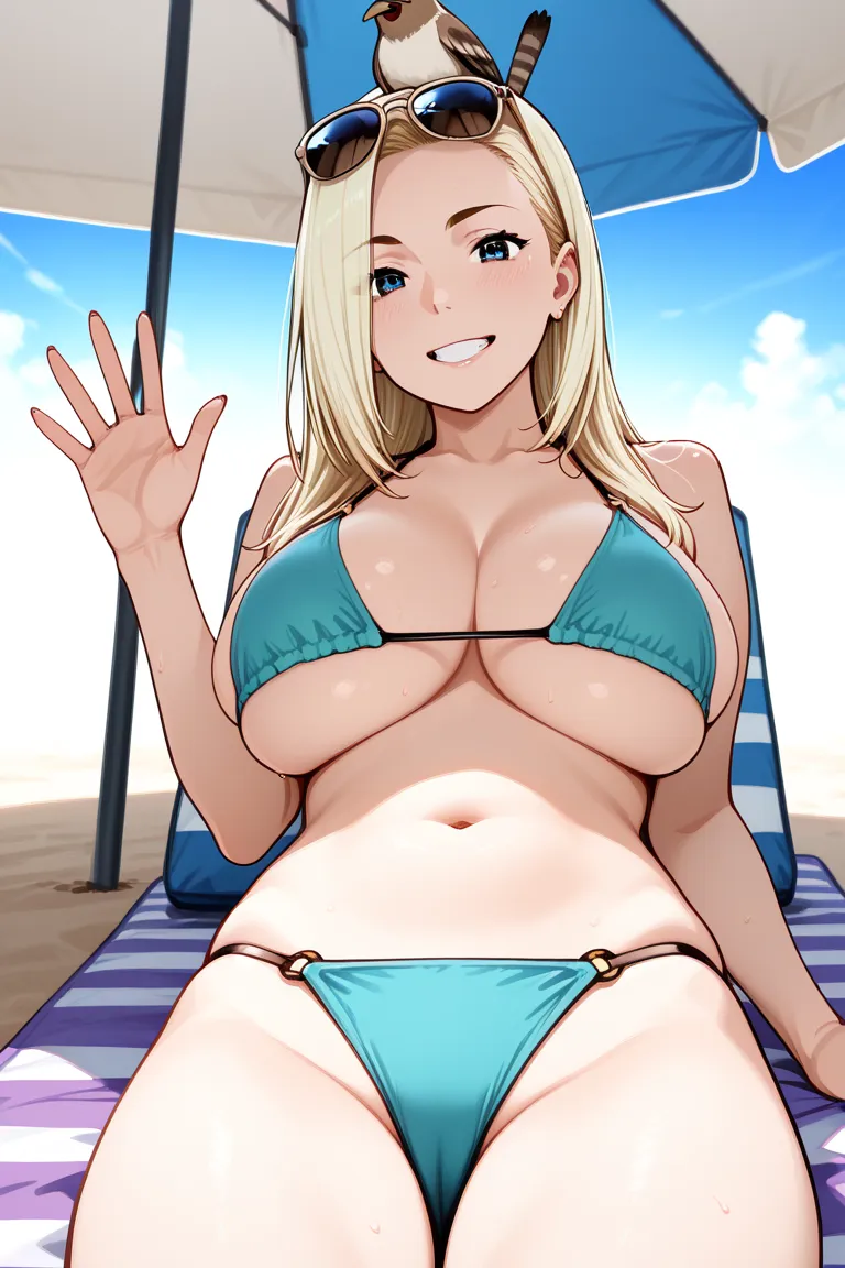 Generate a picture of a busty woman wearing a bikini while laying down under the umbrella with a sunglasses perched on her head, Ino Yamanaka, makes her smiling while  waving