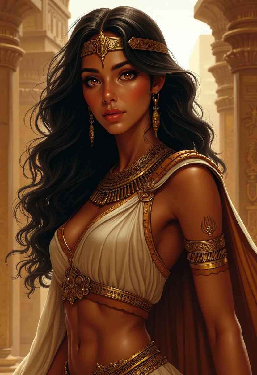 "Ultra-detailed portrait of a 23-year-old Egyptian warrior and noble, Cleopatra's half-sister. She stands at 1.73m tall with an athletic, curvaceous figure combining strength and elegance. Her intense, glossy black hair falls in thick, lustrous waves, perf...