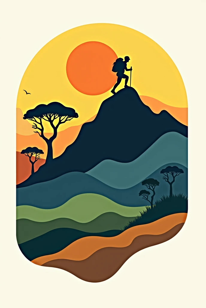 SOZA MOUND LOGO A trekking-themed logo with solid colors and silhouette textures. The design features a mountain landscape with a hiker climbing a peak, a sunset in the background, and essential twisted, gnarled trees typical of the Cerrado biome. The colo...