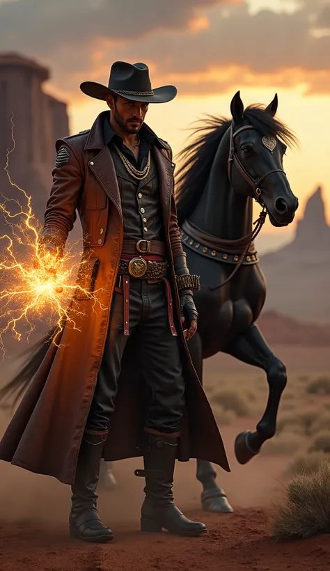 Highly detailed, ultra-realistic, 32k resolution, cinematic lighting, finely textured, intricate details, atmospheric depth, photo-realistic masterpiece, professional-grade composition.
A gunslinger mage, dressed in a dark brown leather cowboy outfit, ble...