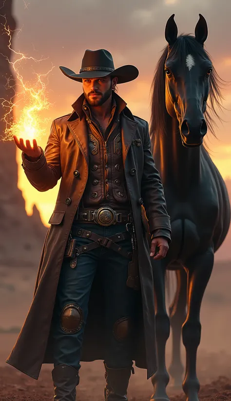 Highly detailed, ultra-realistic, 32k resolution, cinematic lighting, finely textured, intricate details, atmospheric depth, photo-realistic masterpiece, professional-grade composition.
A gunslinger mage, dressed in a dark brown leather cowboy outfit, ble...