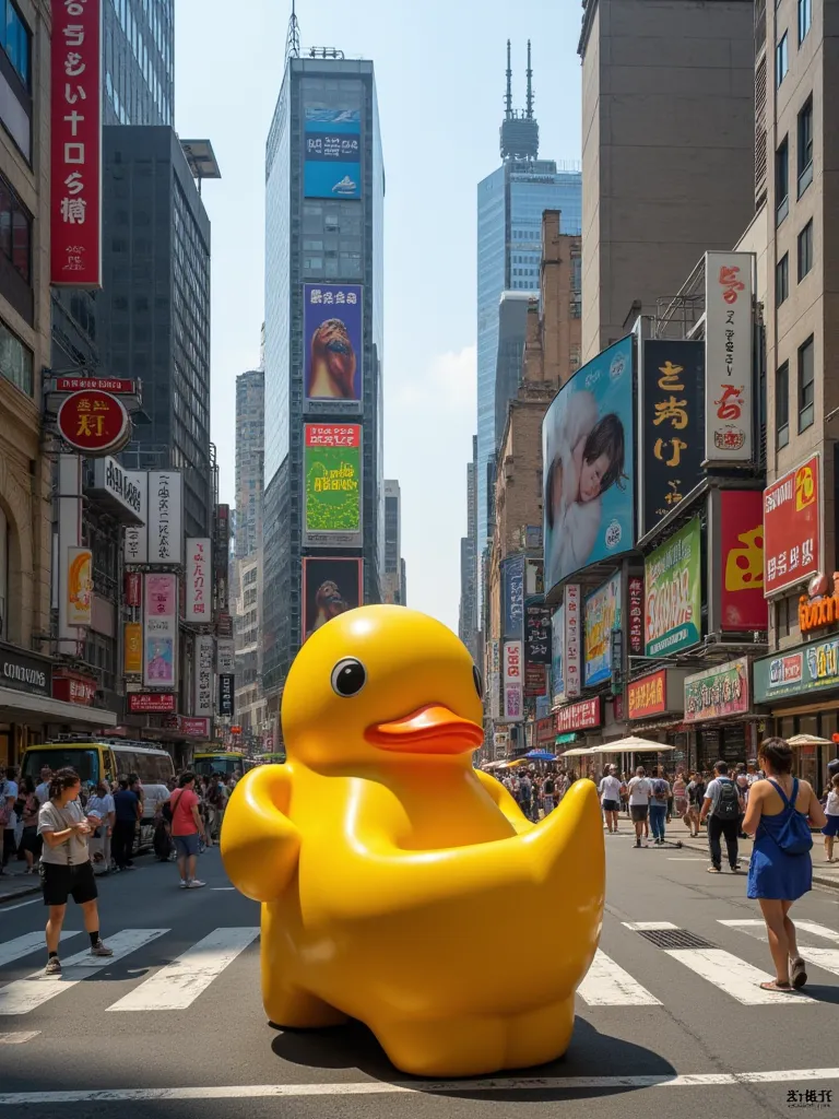  Scenery,The bustle of a downtown area and a duck-shaped toilet bowl for toddlers placed in the middle of it