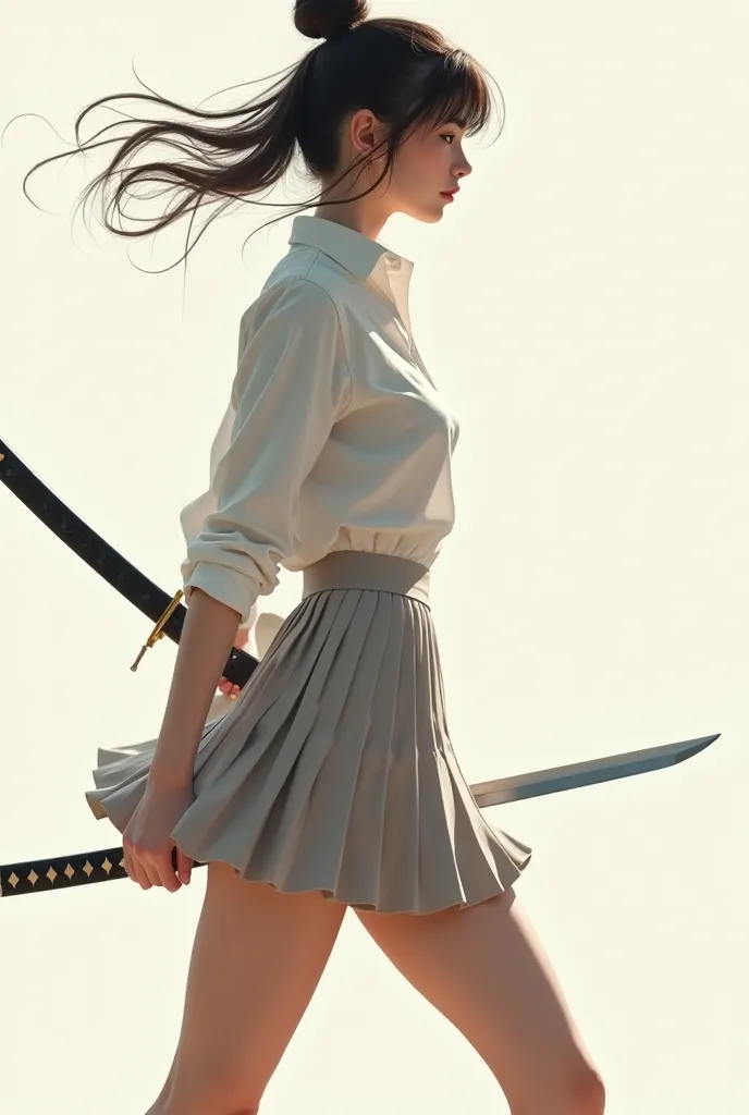 A beautiful woman wearing a katana dressed in a white shirt and a short crew skirt in profile with walking legs