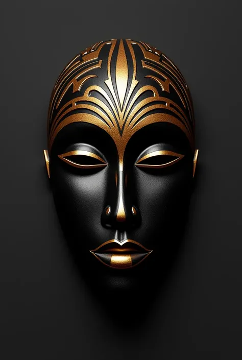 "Un masque africain traditionnel au design épuré, idéal pour un logo. Le masque est noir avec des traits et contours en dégradé or, donnant un effet luxueux et élégant. Il présente des motifs géométriques inspirés de l'art africain, avec une symétrie harmo...