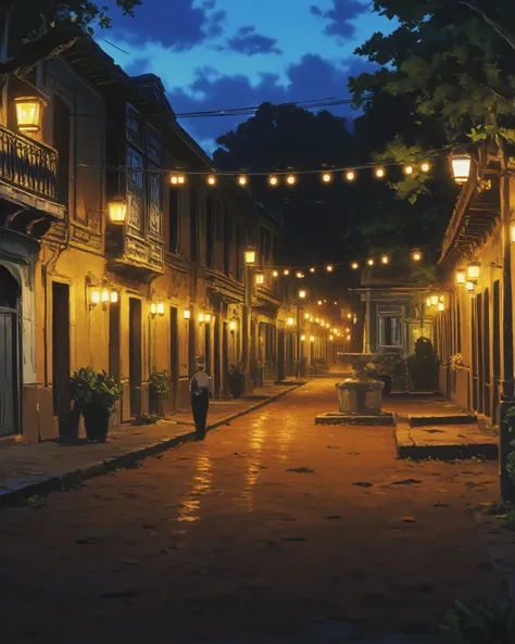 This is a small historic town in Brazil, captured in a realistic style. The warm glow of streetlights contrasts beautifully with the twilight sky, creating a harmonious balance of colors. Colonial-style buildings with pastel facades line the narrow streets...