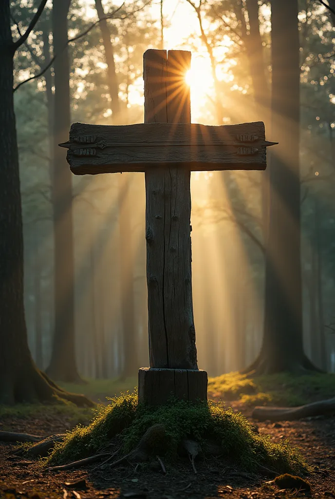 A giant old wooden cross,With moss around the cross,two wooden arrows drawn on the cross, cross in the middle of an ancient and beautiful forest, filled with trees , sunset , Intense rays illuminating the cross, Cross in the middle of the forest, Realistic...