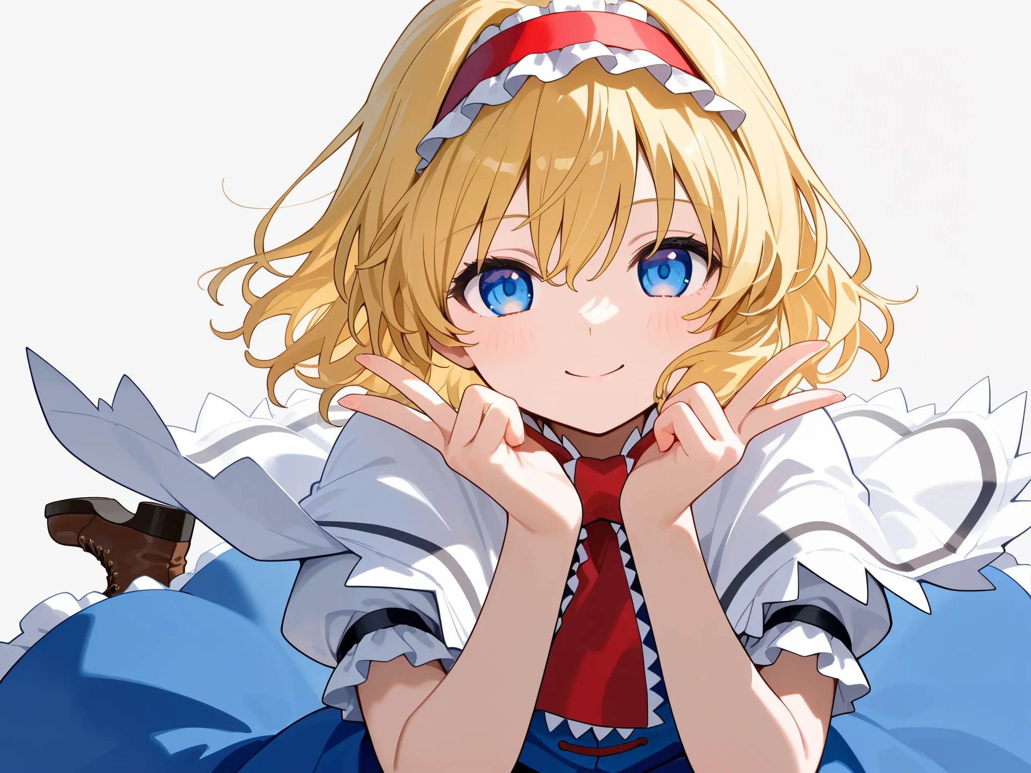 AliCen, 1girl ,
alice margatroid, medium hair, blonde hair, blue eyes, ,red hairband, Lolita hairband, frilled hairband,
white capelet, blue dress, frilled dress, frilled ascot, red ascot, puffy short sleeves, brown footwear, cross-laced footwear, boots,(U...