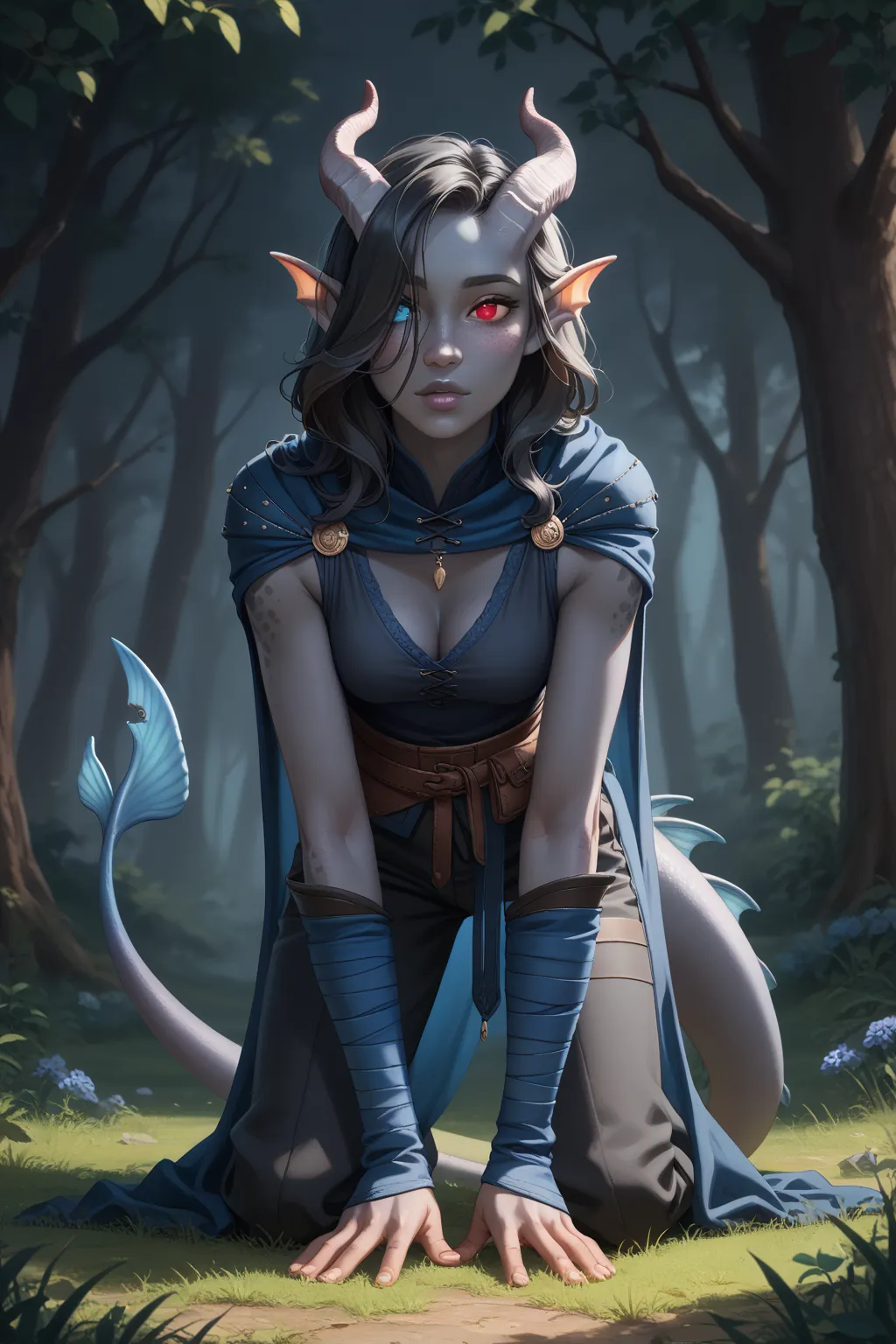 (Cedar tree is tall next to it), (1 adult Tiefling girl,  dark blue-gray skin :1.7), (35 years old:1.5), (One:1.3), (a curl of medium-length black straight hair covers the right eye:1.5), (kneels leaning forward:1.4), (looks to the right, turning his head ...