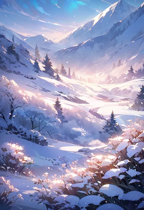 A breathtakingly beautiful dreamlike landscape. A delicate layer of snow falls gently. Partly covered in a soft, glistening blanket of snow, the vegetation creates a mesmerizing contrast of vibrant colours and icy white. A mystical glow envelops the landsc...